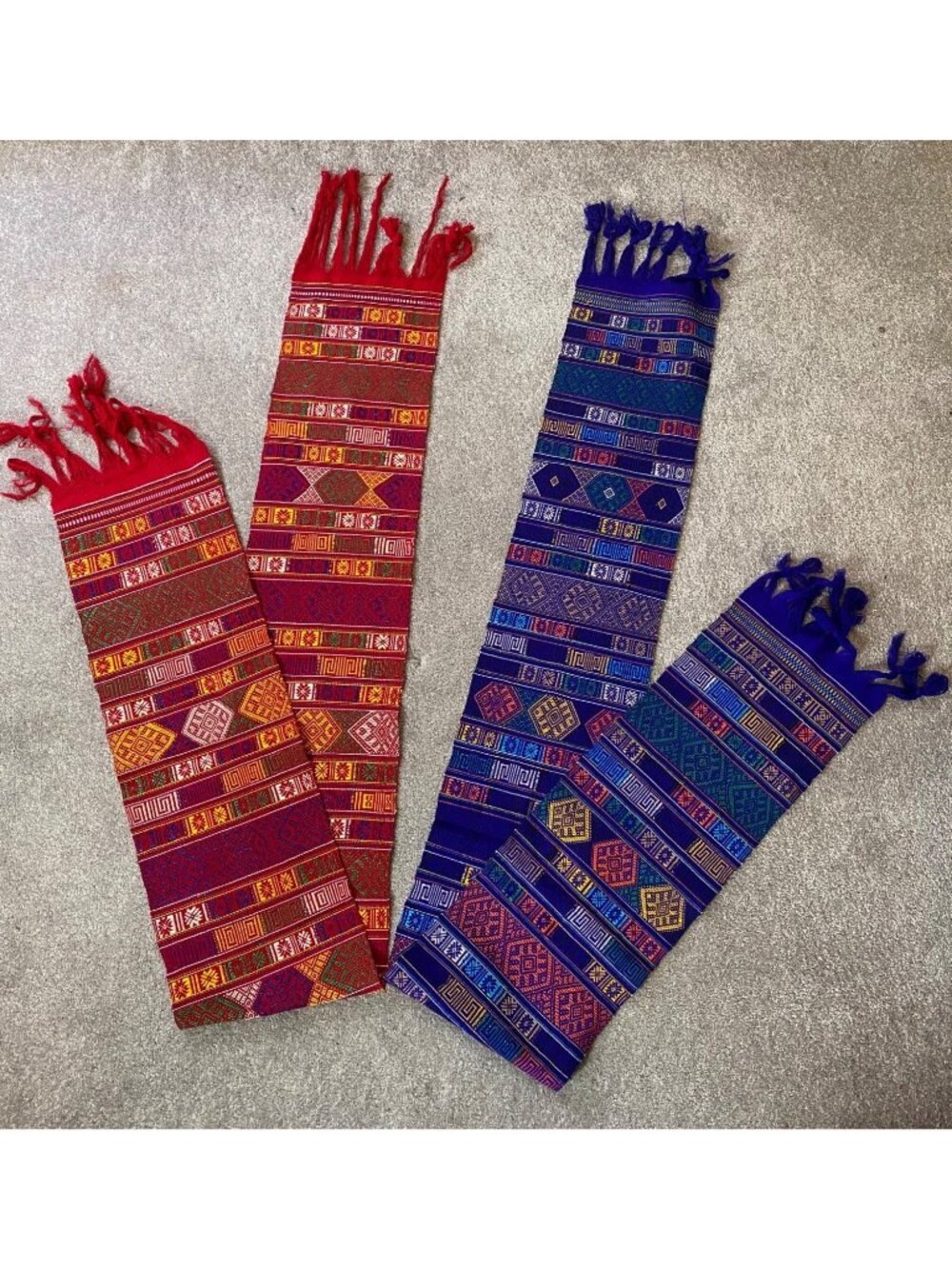 2 Handwoven Ceremonial Scarf Geometric Designs Fringed Ends Blue Orange Red